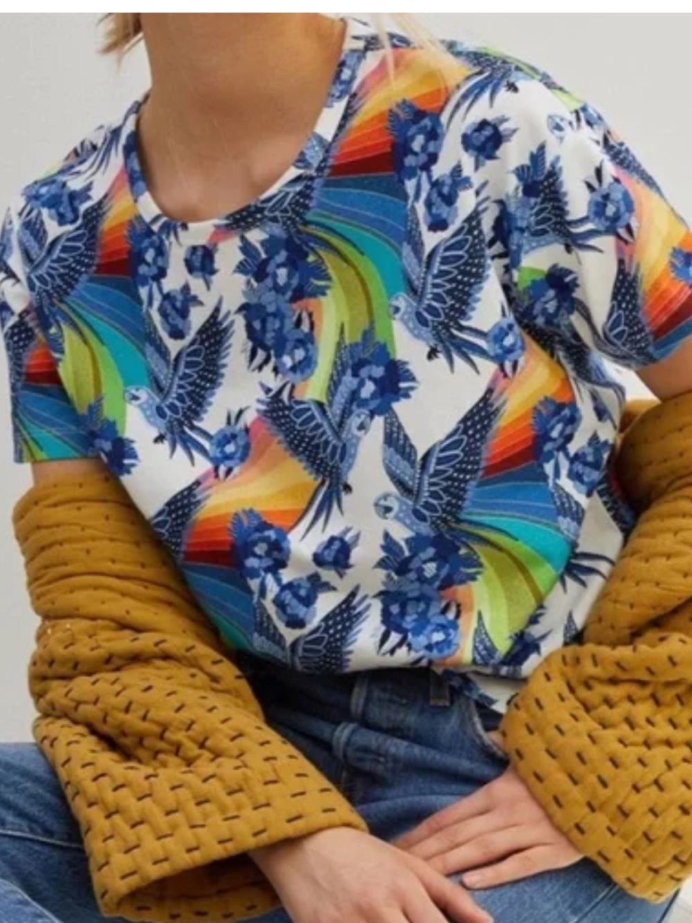 Anthropologie Farm Rio Aves Graphic Tee Top, Blue Bird Print T-Shirt Parrot XS